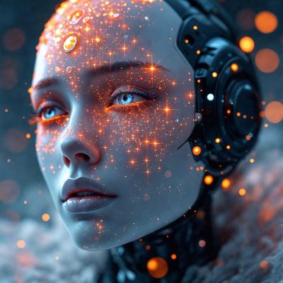 The primary subject of the image is a woman with a futuristic, robotic appearance. She has a blue-eyed gaze and is surrounded by a swirling, colorful light effect. The setting appears to be a futuristic or technological environment, possibly a space or a futuristic cityscape. The visual style of the image is a combination of photo and digital art, creating a unique and captivating scene. The colors and mood of the image are vibrant and energetic, with